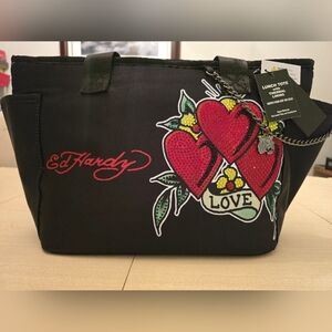 NWT Ed Hardy Huge Black Thermal Tote Bag with Red Heart Design